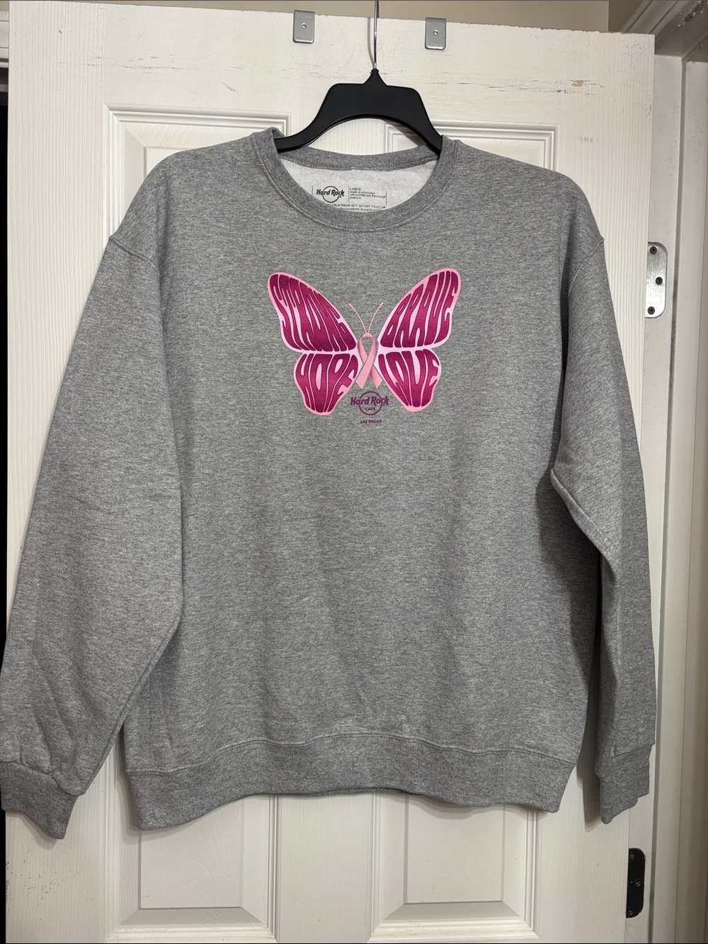 Hard Rock Cafe Gray Breast Cancer Awareness Sweatshirt w/Pink Butterfly Graphic